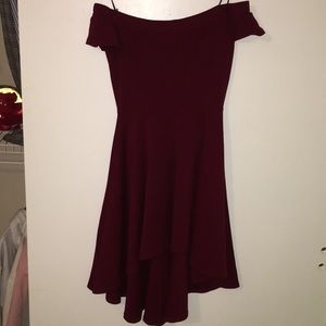 high-low red off the shoulder dress